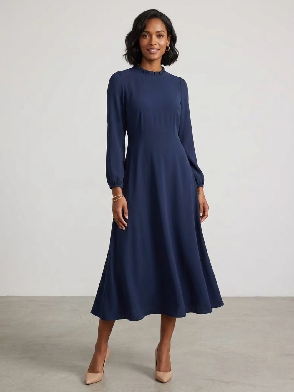 H&M Navy Blue Ruffled Mock Neck Long Sleeve Midi Dress Size 8 NWOT
